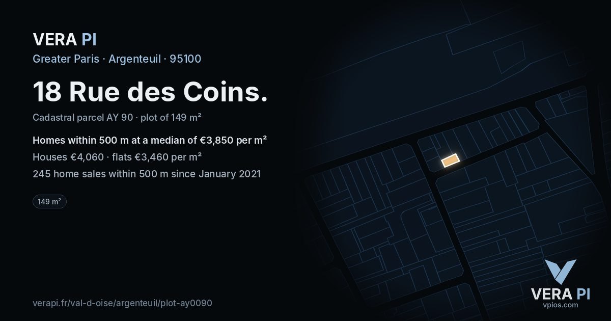 18 Rue des Coins, Argenteuil at night – the plot lit, the parcels around coloured by the prices near them