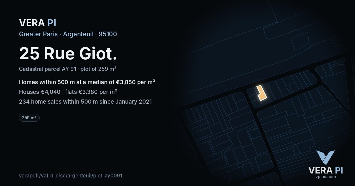 25 Rue Giot, Argenteuil at night – the plot lit, the parcels around coloured by the prices near them