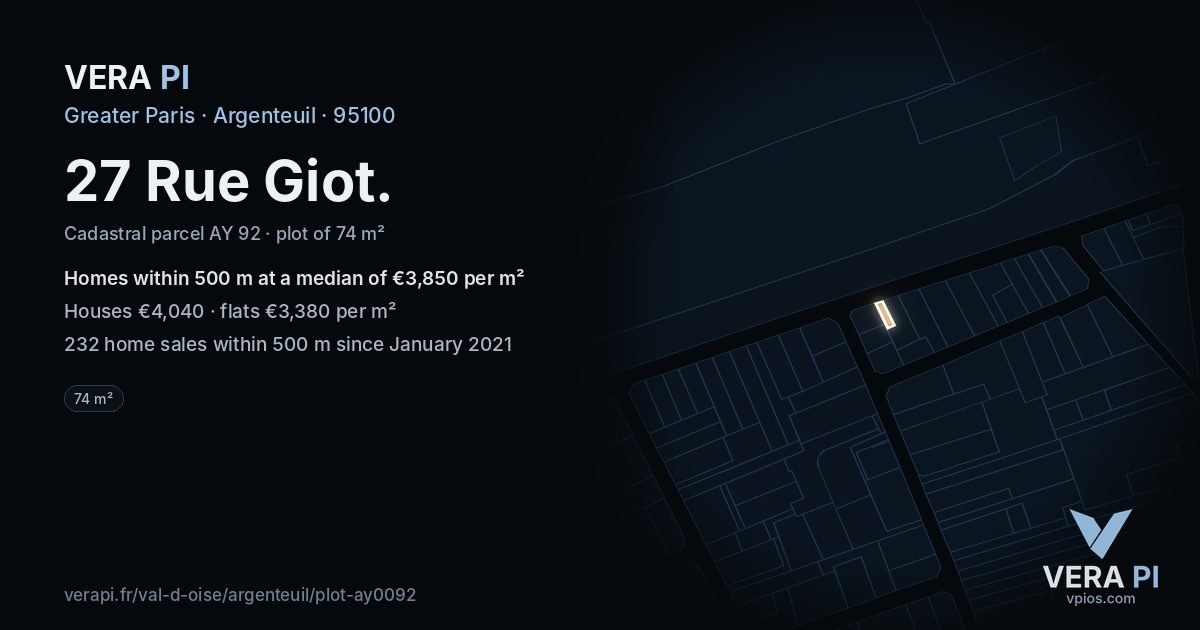 27 Rue Giot, Argenteuil at night – the plot lit, the parcels around coloured by the prices near them