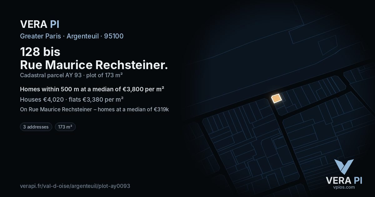128 bis Rue Maurice Rechsteiner, Argenteuil at night – the plot lit, the parcels around coloured by the prices near them