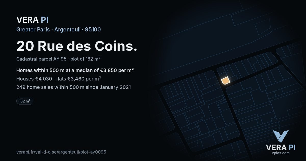 20 Rue des Coins, Argenteuil at night – the plot lit, the parcels around coloured by the prices near them