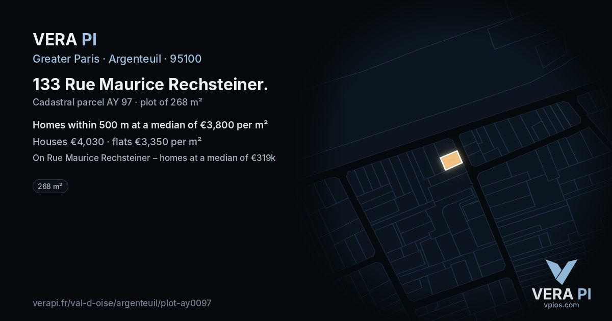 133 Rue Maurice Rechsteiner, Argenteuil at night – the plot lit, the parcels around coloured by the prices near them