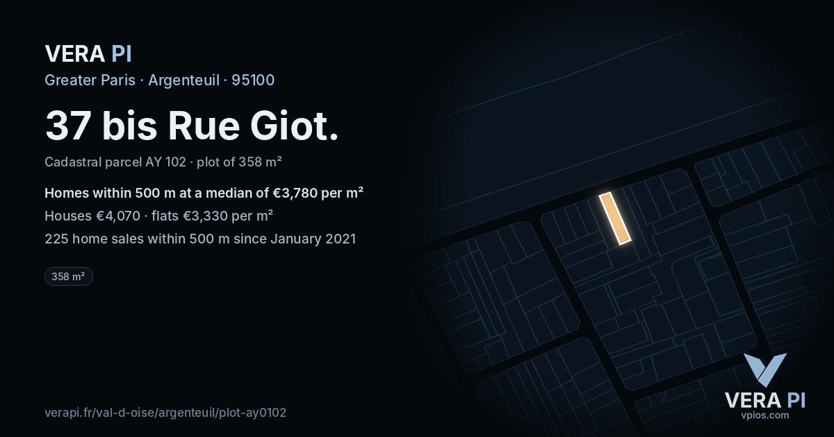 37 bis Rue Giot, Argenteuil at night – the plot lit, the parcels around coloured by the prices near them