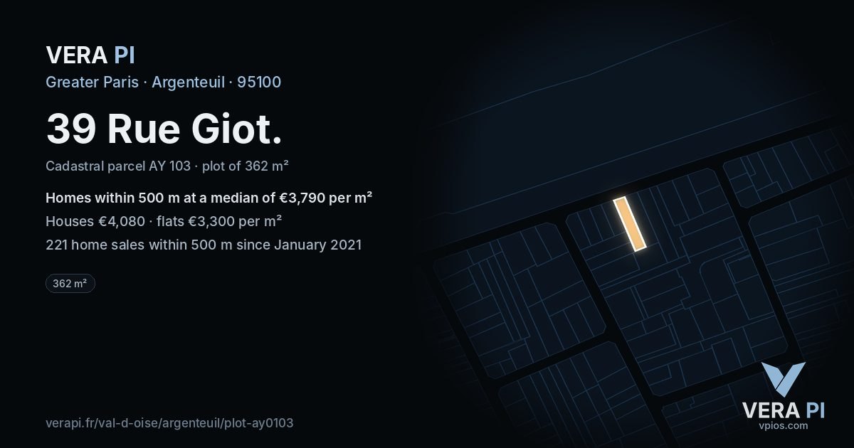 39 Rue Giot, Argenteuil at night – the plot lit, the parcels around coloured by the prices near them