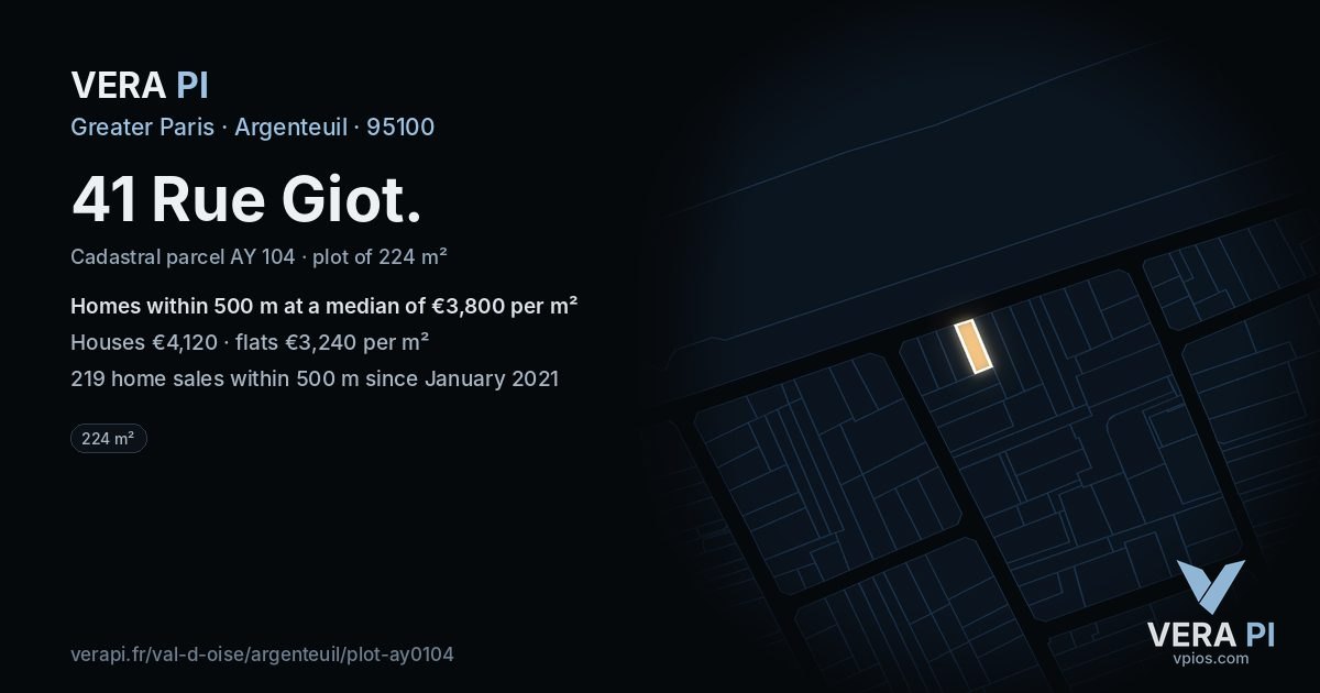 41 Rue Giot, Argenteuil at night – the plot lit, the parcels around coloured by the prices near them