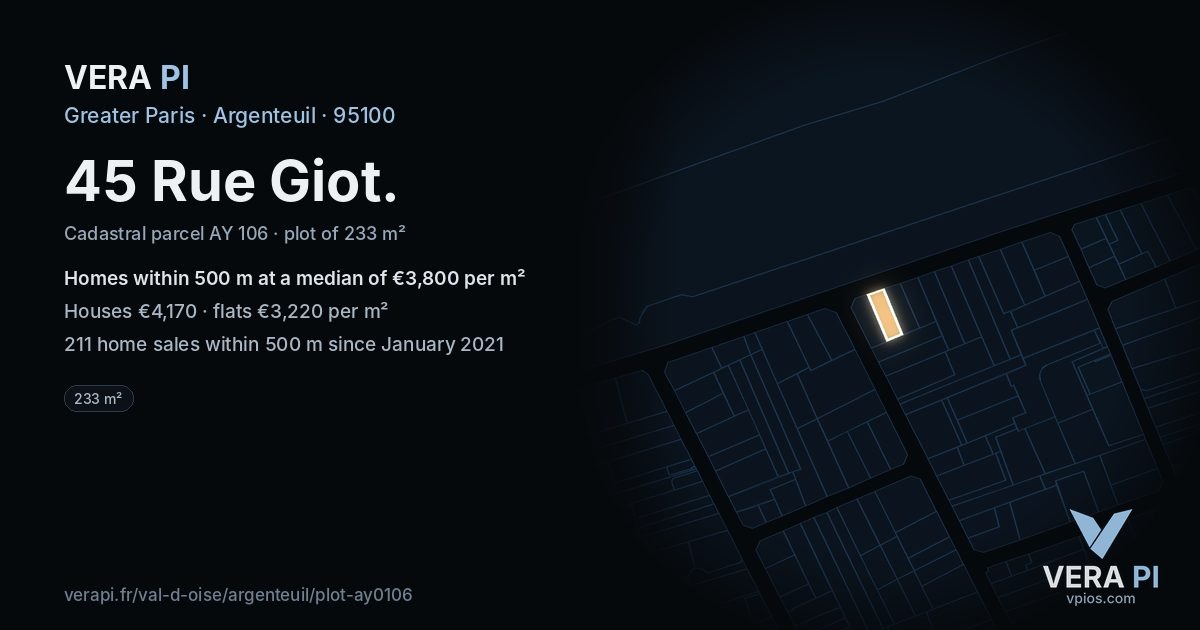 45 Rue Giot, Argenteuil at night – the plot lit, the parcels around coloured by the prices near them
