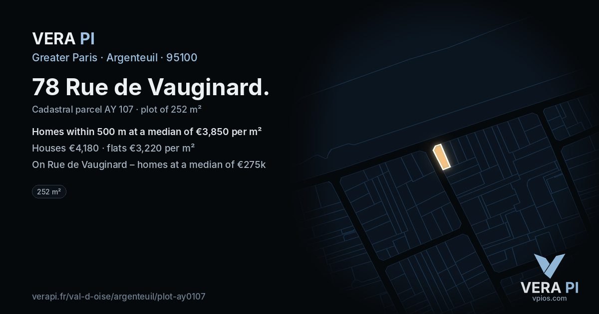 78 Rue de Vauginard, Argenteuil at night – the plot lit, the parcels around coloured by the prices near them