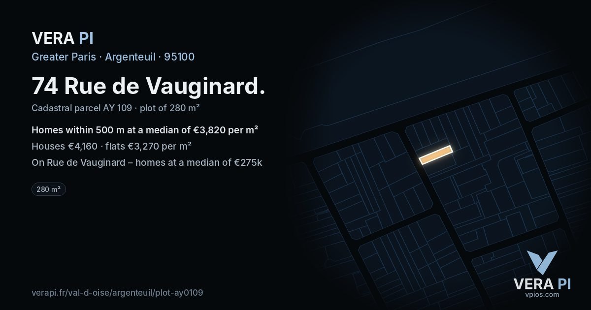 74 Rue de Vauginard, Argenteuil at night – the plot lit, the parcels around coloured by the prices near them