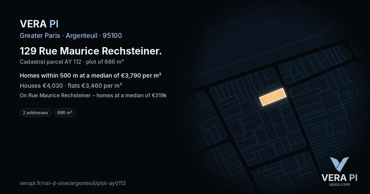 129 Rue Maurice Rechsteiner, Argenteuil at night – the plot lit, the parcels around coloured by the prices near them