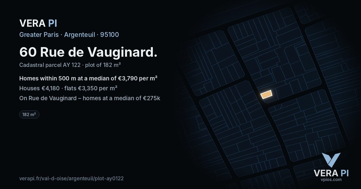 60 Rue de Vauginard, Argenteuil at night – the plot lit, the parcels around coloured by the prices near them