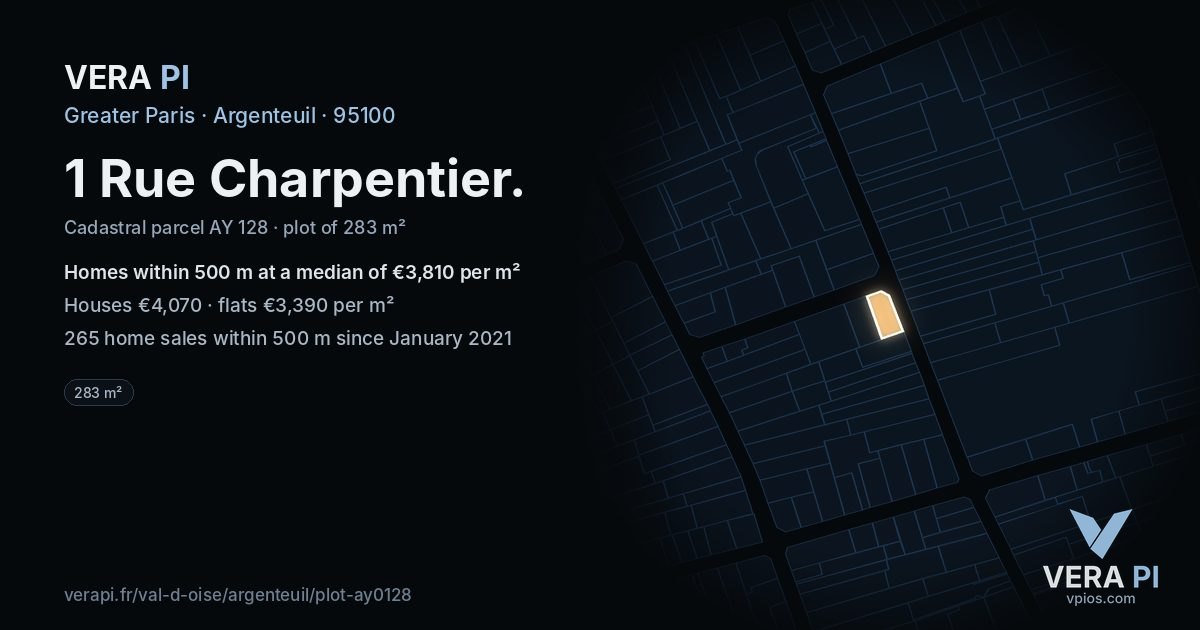 1 Rue Charpentier, Argenteuil at night – the plot lit, the parcels around coloured by the prices near them