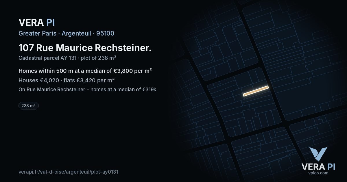 107 Rue Maurice Rechsteiner, Argenteuil at night – the plot lit, the parcels around coloured by the prices near them