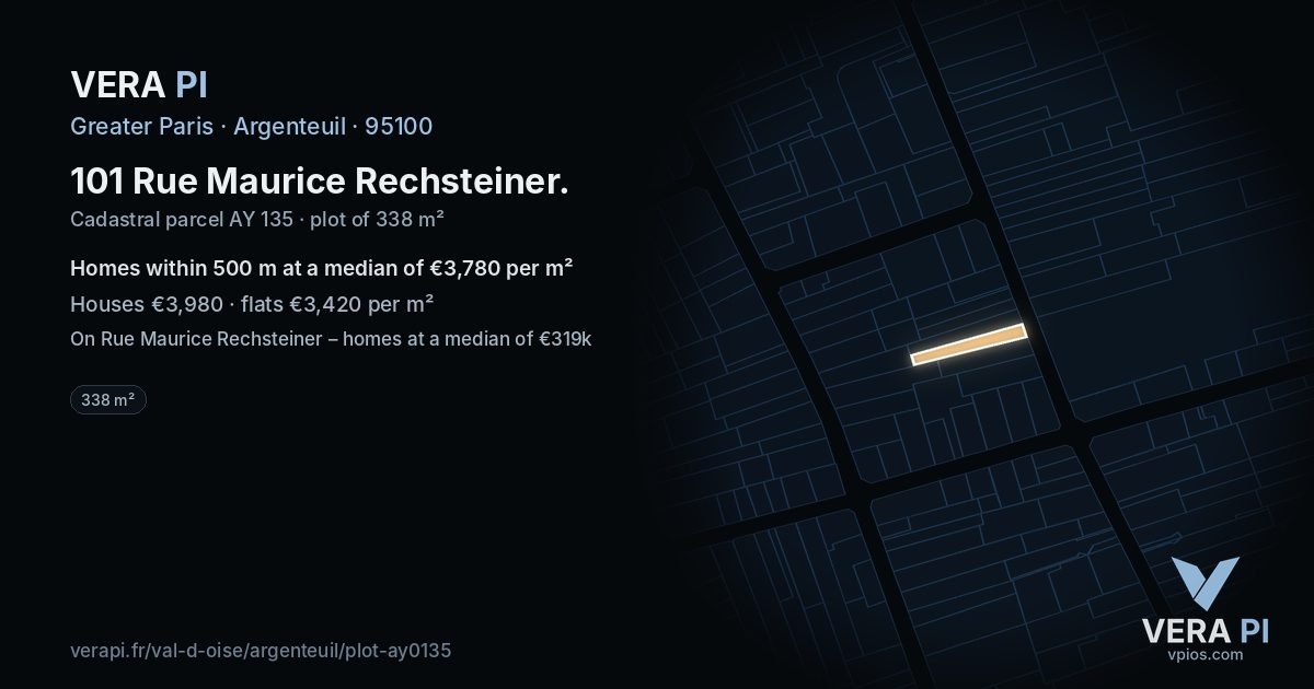 101 Rue Maurice Rechsteiner, Argenteuil at night – the plot lit, the parcels around coloured by the prices near them