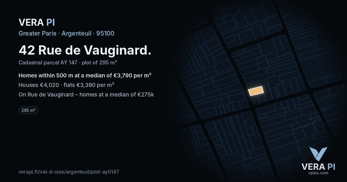 42 Rue de Vauginard, Argenteuil at night – the plot lit, the parcels around coloured by the prices near them