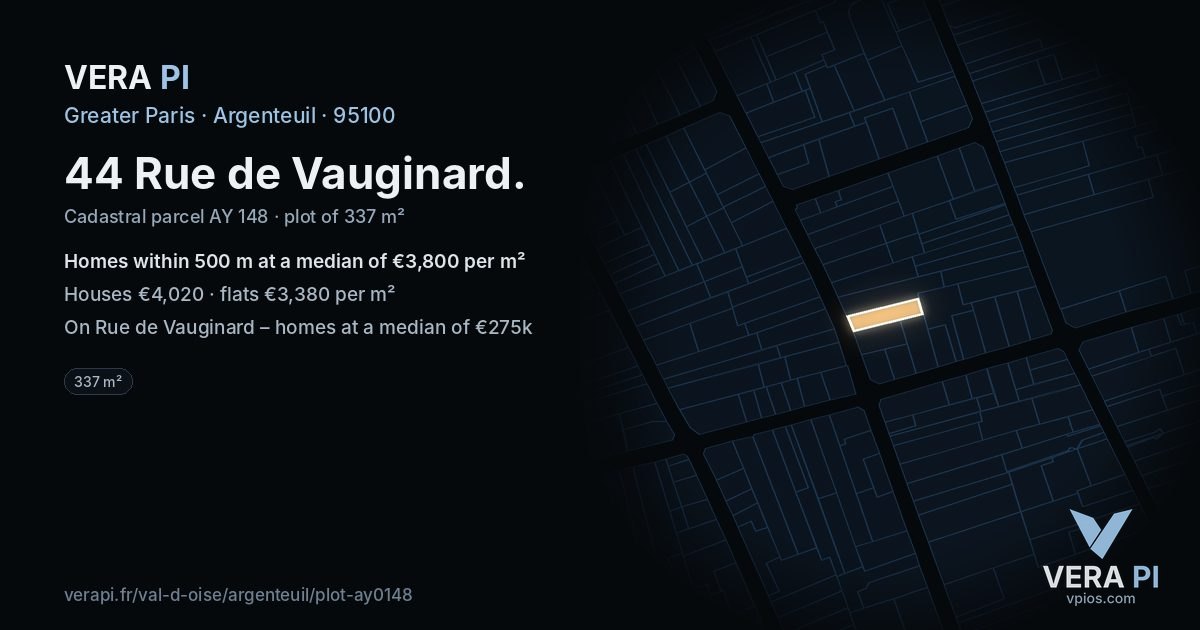 44 Rue de Vauginard, Argenteuil at night – the plot lit, the parcels around coloured by the prices near them