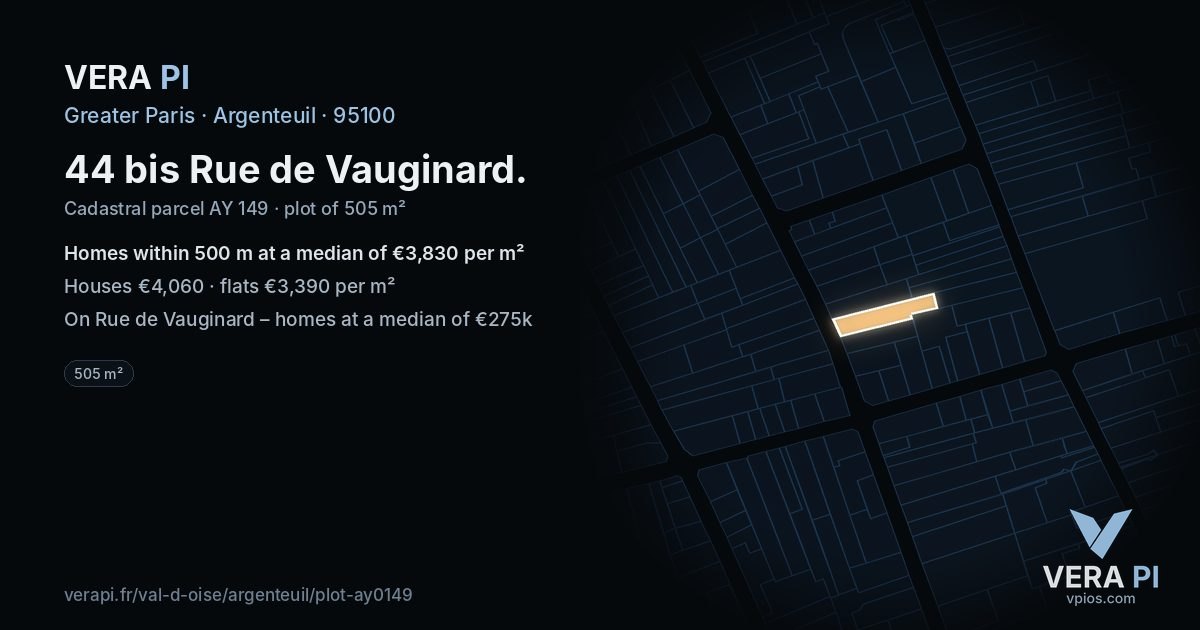 44 bis Rue de Vauginard, Argenteuil at night – the plot lit, the parcels around coloured by the prices near them