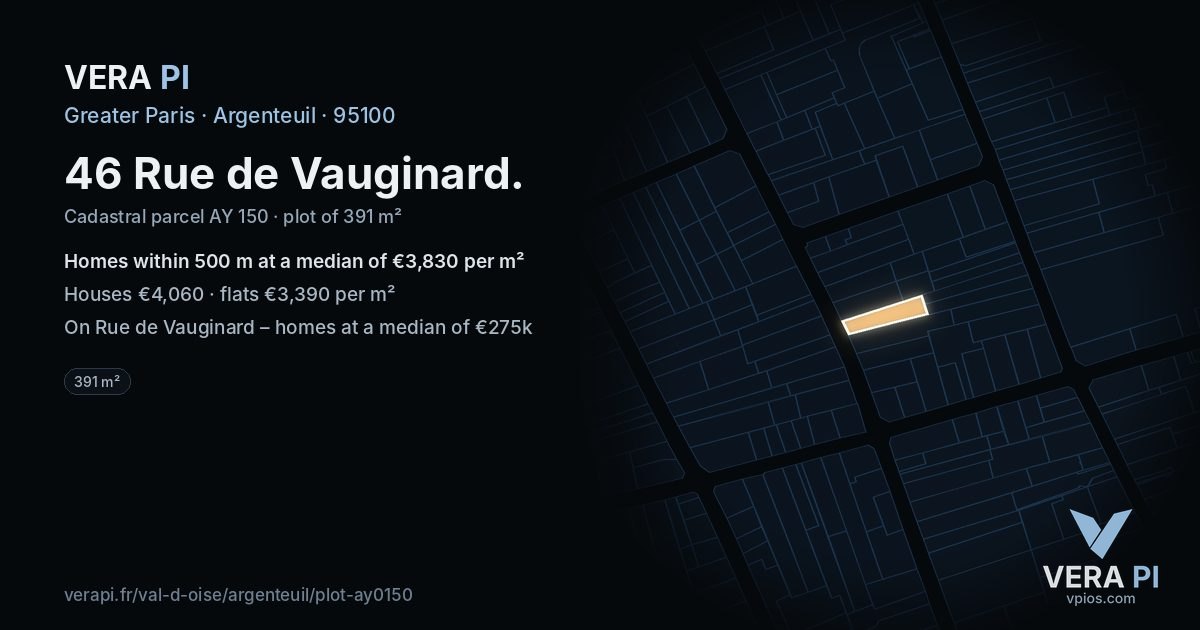 46 Rue de Vauginard, Argenteuil at night – the plot lit, the parcels around coloured by the prices near them