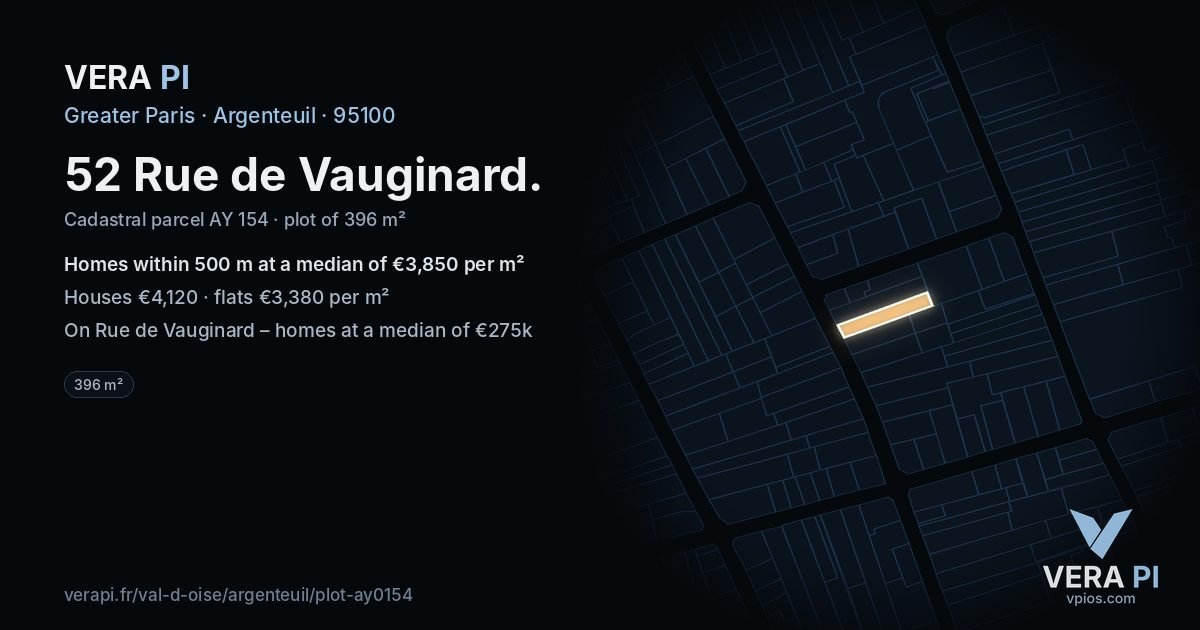 52 Rue de Vauginard, Argenteuil at night – the plot lit, the parcels around coloured by the prices near them