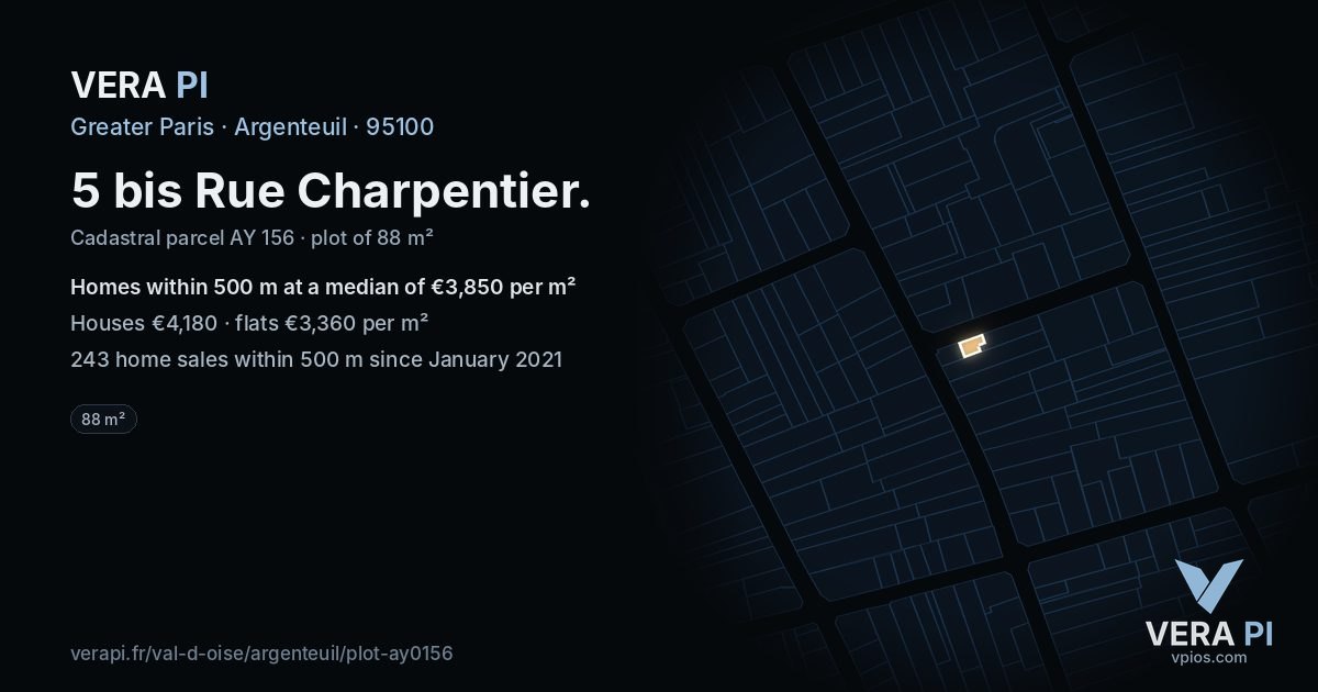 5 bis Rue Charpentier, Argenteuil at night – the plot lit, the parcels around coloured by the prices near them