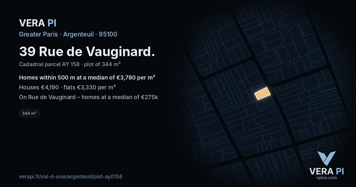 39 Rue de Vauginard, Argenteuil at night – the plot lit, the parcels around coloured by the prices near them