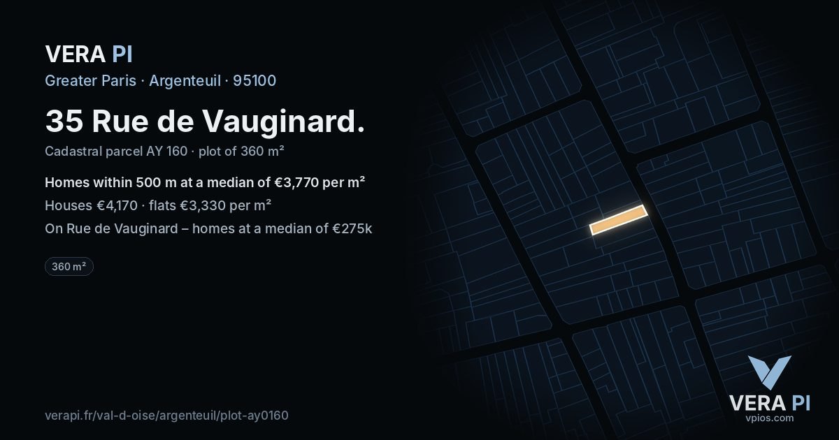 35 Rue de Vauginard, Argenteuil at night – the plot lit, the parcels around coloured by the prices near them
