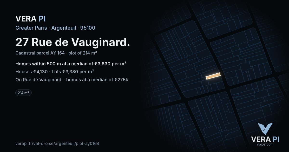 27 Rue de Vauginard, Argenteuil at night – the plot lit, the parcels around coloured by the prices near them
