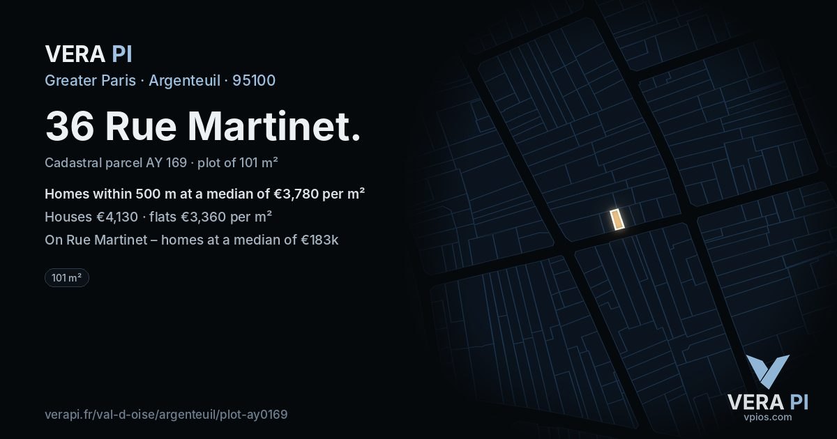 36 Rue Martinet, Argenteuil at night – the plot lit, the parcels around coloured by the prices near them