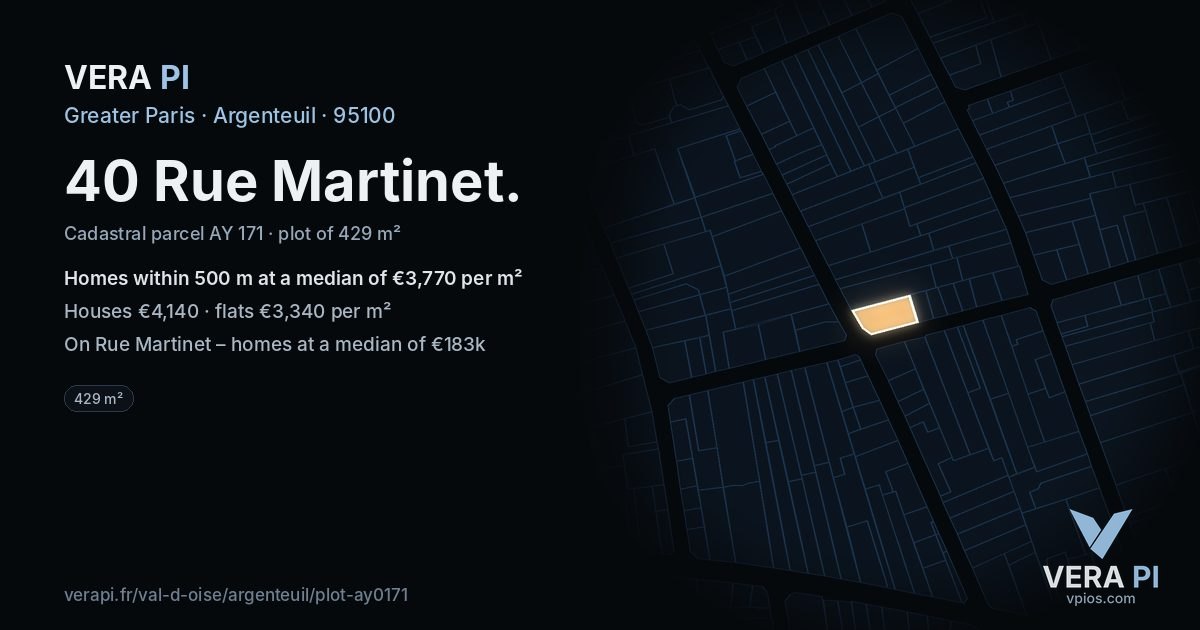 40 Rue Martinet, Argenteuil at night – the plot lit, the parcels around coloured by the prices near them