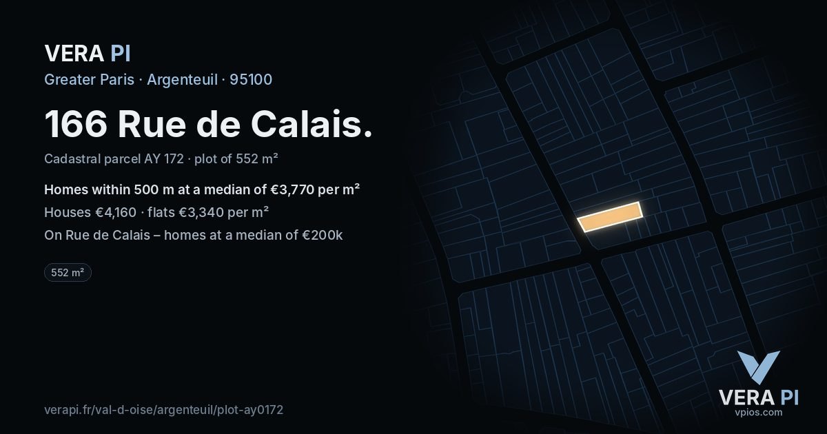 166 Rue de Calais, Argenteuil at night – the plot lit, the parcels around coloured by the prices near them