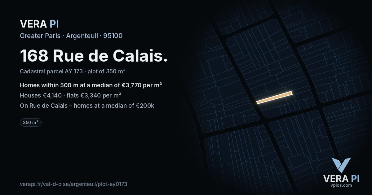168 Rue de Calais, Argenteuil at night – the plot lit, the parcels around coloured by the prices near them