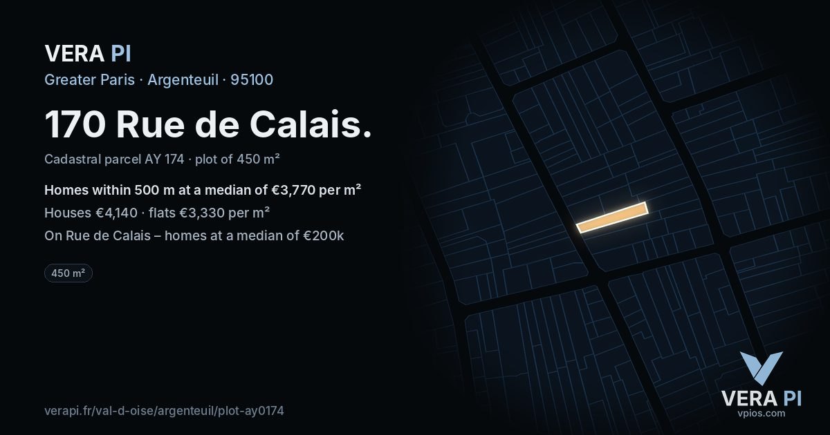 170 Rue de Calais, Argenteuil at night – the plot lit, the parcels around coloured by the prices near them