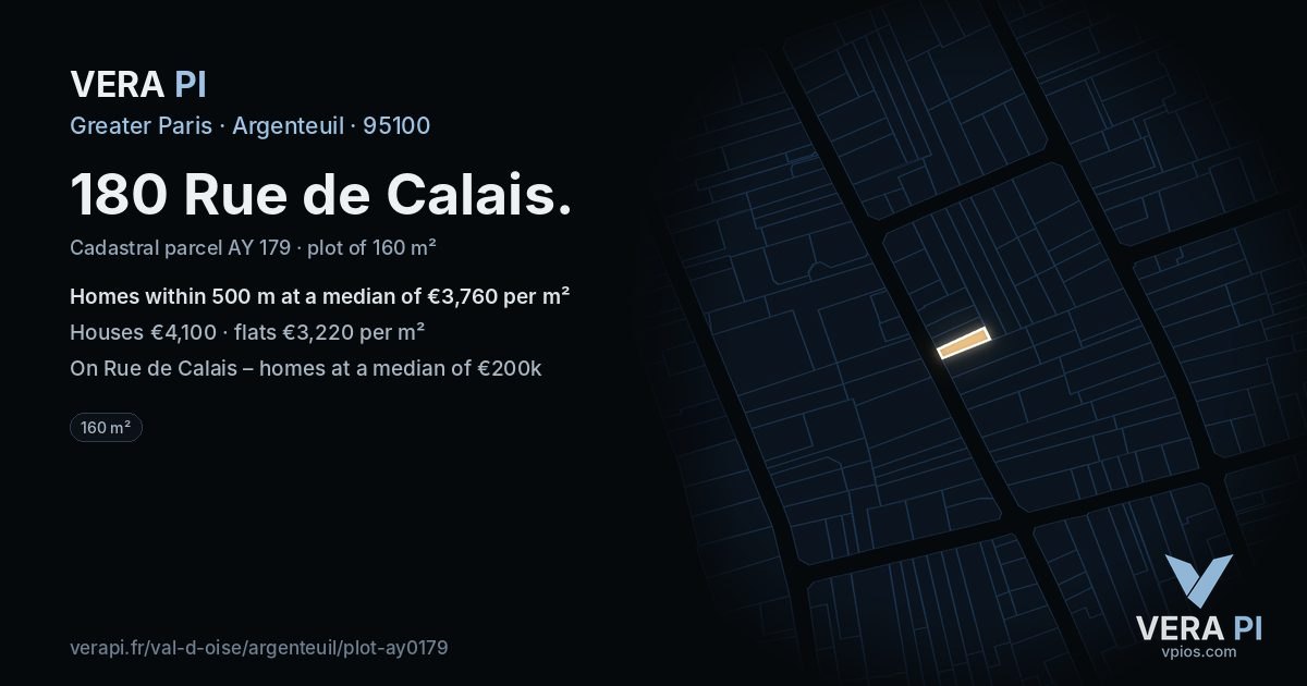 180 Rue de Calais, Argenteuil at night – the plot lit, the parcels around coloured by the prices near them