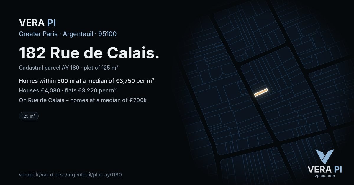 182 Rue de Calais, Argenteuil at night – the plot lit, the parcels around coloured by the prices near them