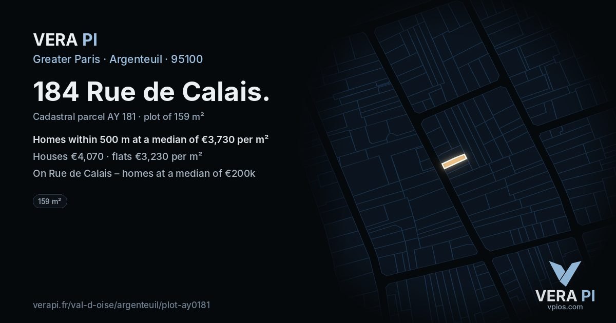 184 Rue de Calais, Argenteuil at night – the plot lit, the parcels around coloured by the prices near them