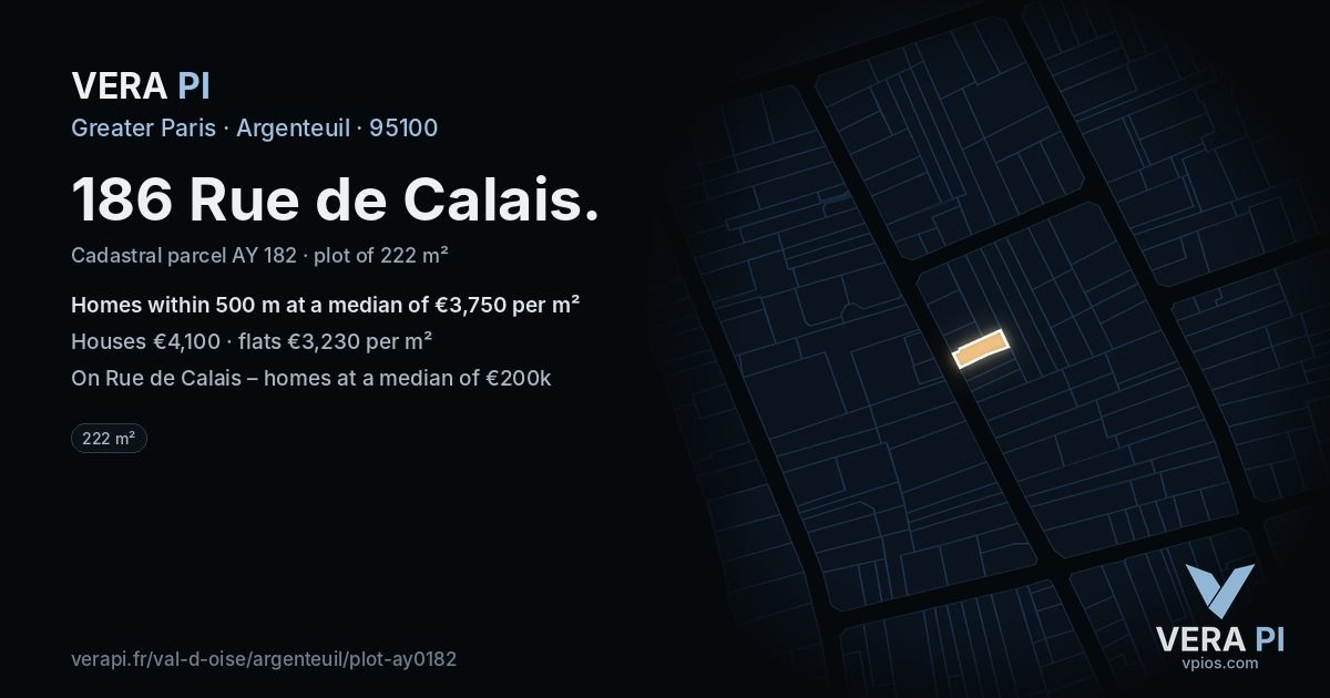 186 Rue de Calais, Argenteuil at night – the plot lit, the parcels around coloured by the prices near them
