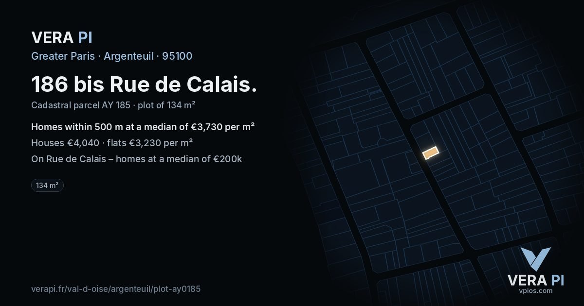 186 bis Rue de Calais, Argenteuil at night – the plot lit, the parcels around coloured by the prices near them