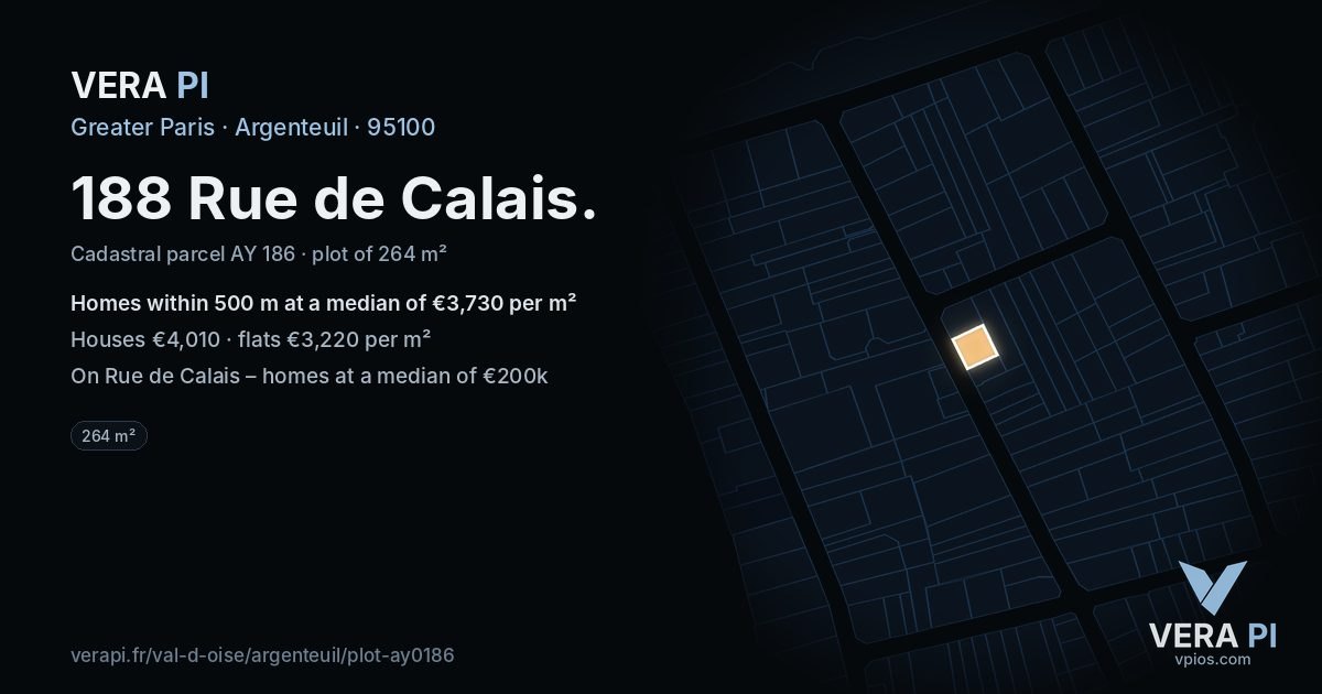 188 Rue de Calais, Argenteuil at night – the plot lit, the parcels around coloured by the prices near them