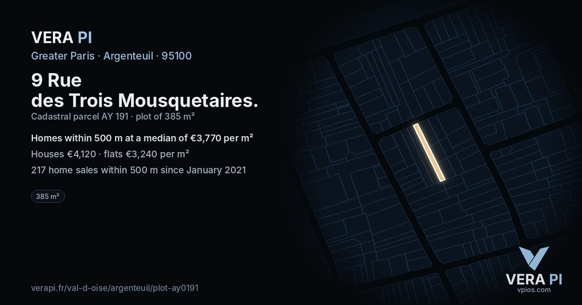 9 Rue des Trois Mousquetaires, Argenteuil at night – the plot lit, the parcels around coloured by the prices near them