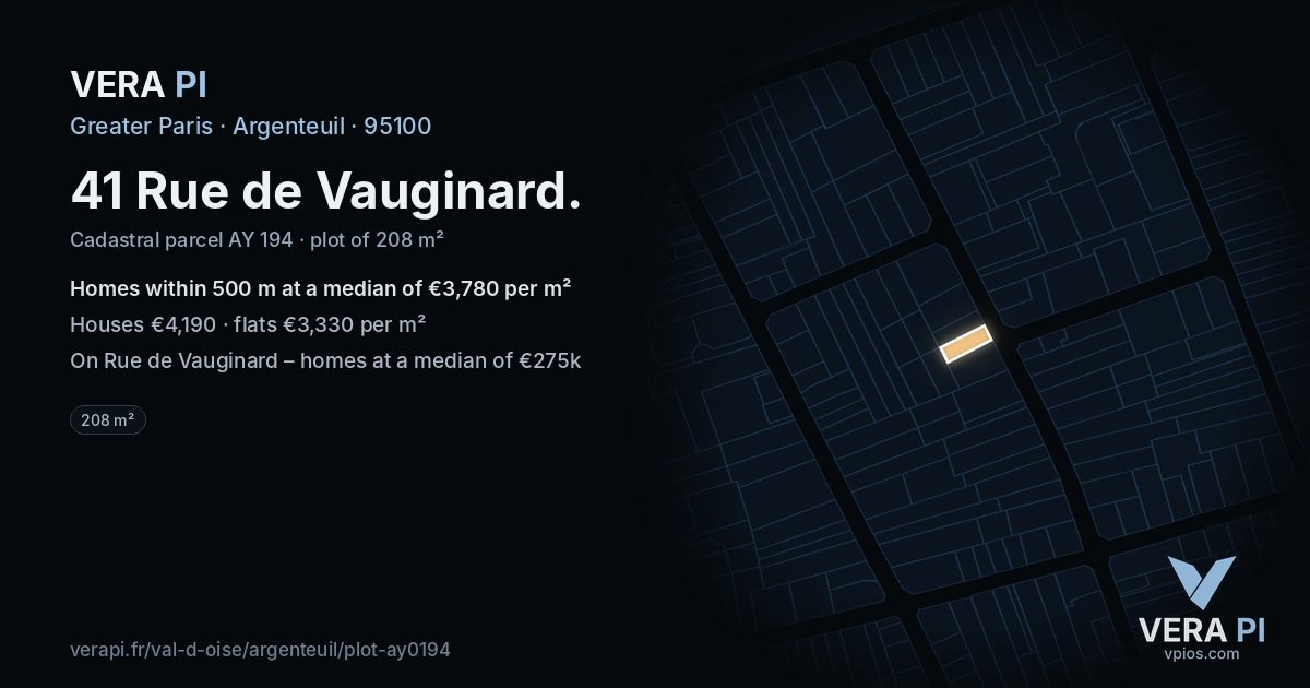 41 Rue de Vauginard, Argenteuil at night – the plot lit, the parcels around coloured by the prices near them