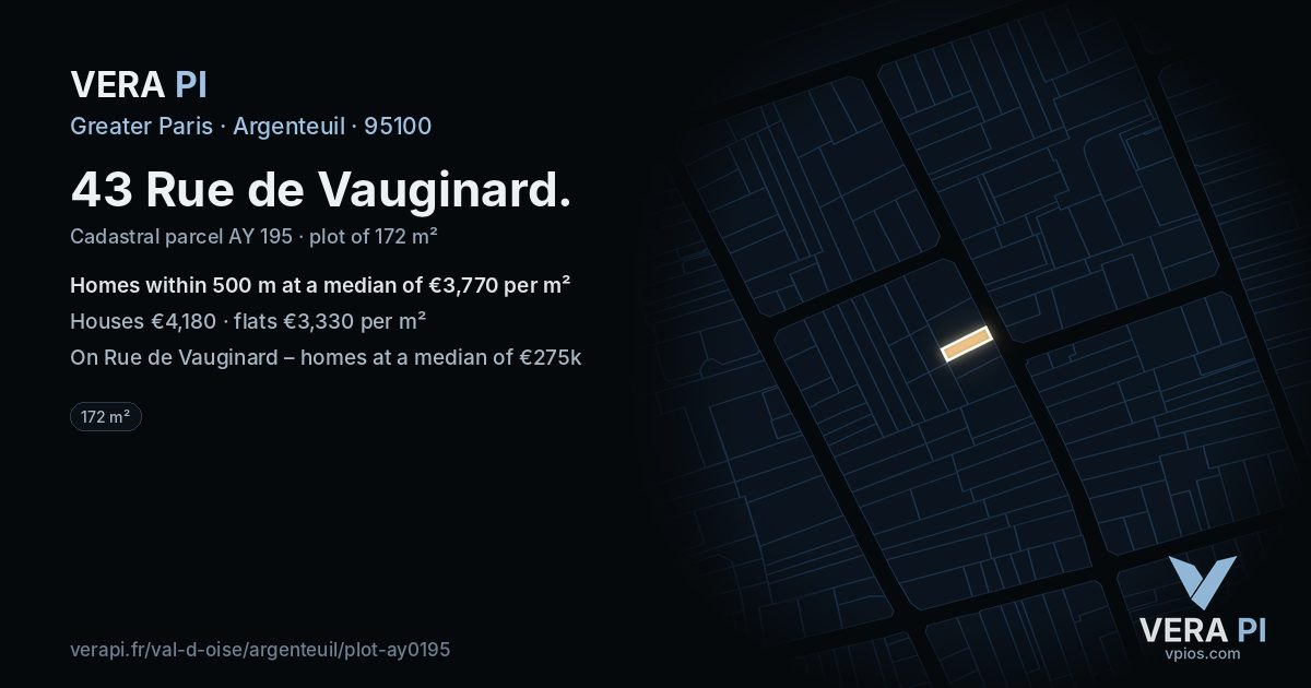 43 Rue de Vauginard, Argenteuil at night – the plot lit, the parcels around coloured by the prices near them