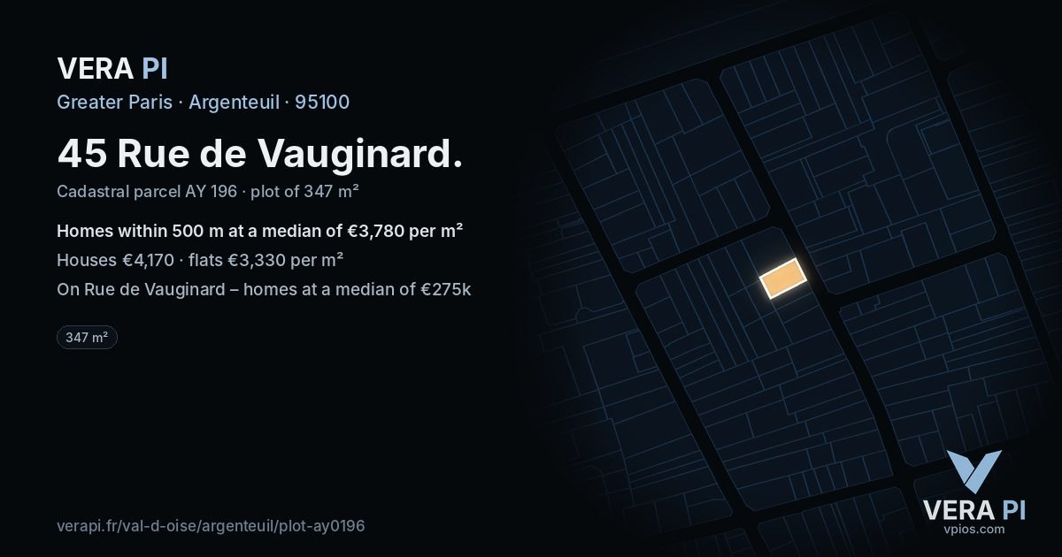 45 Rue de Vauginard, Argenteuil at night – the plot lit, the parcels around coloured by the prices near them