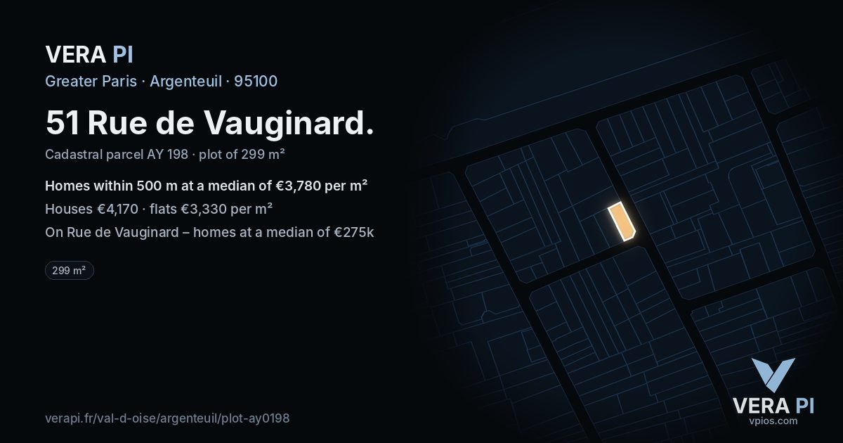 51 Rue de Vauginard, Argenteuil at night – the plot lit, the parcels around coloured by the prices near them