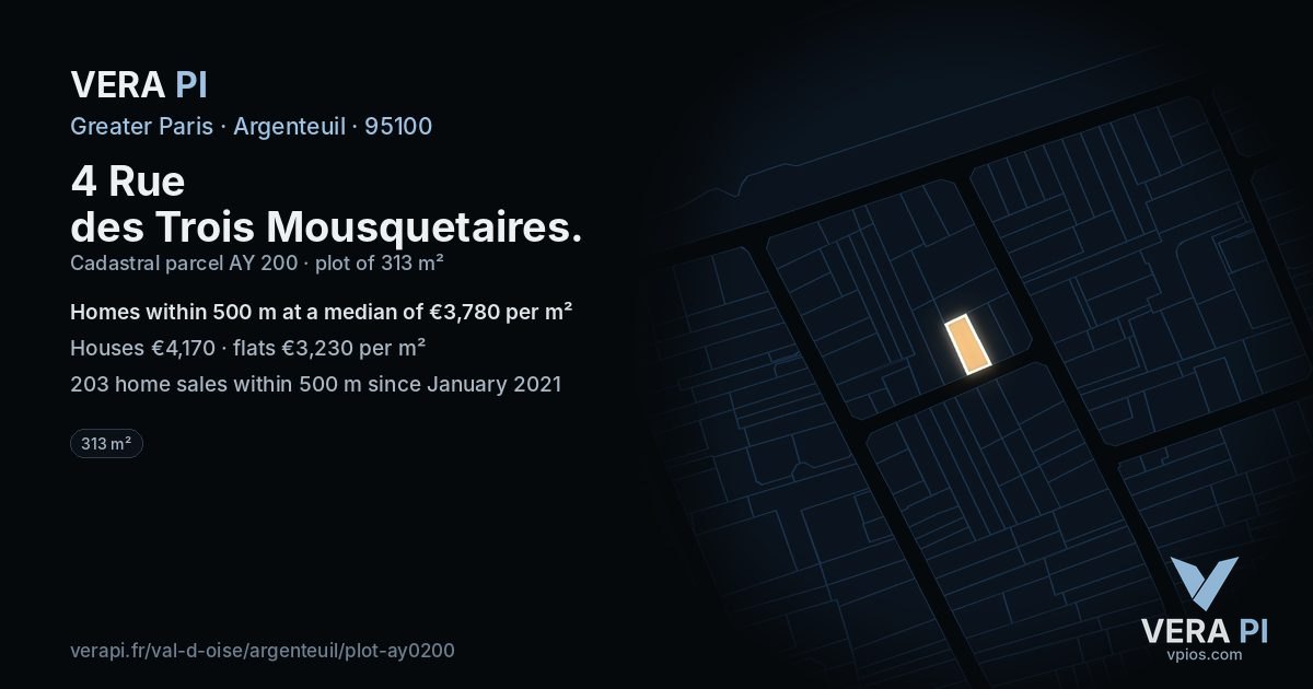 4 Rue des Trois Mousquetaires, Argenteuil at night – the plot lit, the parcels around coloured by the prices near them