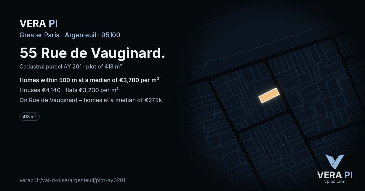 55 Rue de Vauginard, Argenteuil at night – the plot lit, the parcels around coloured by the prices near them