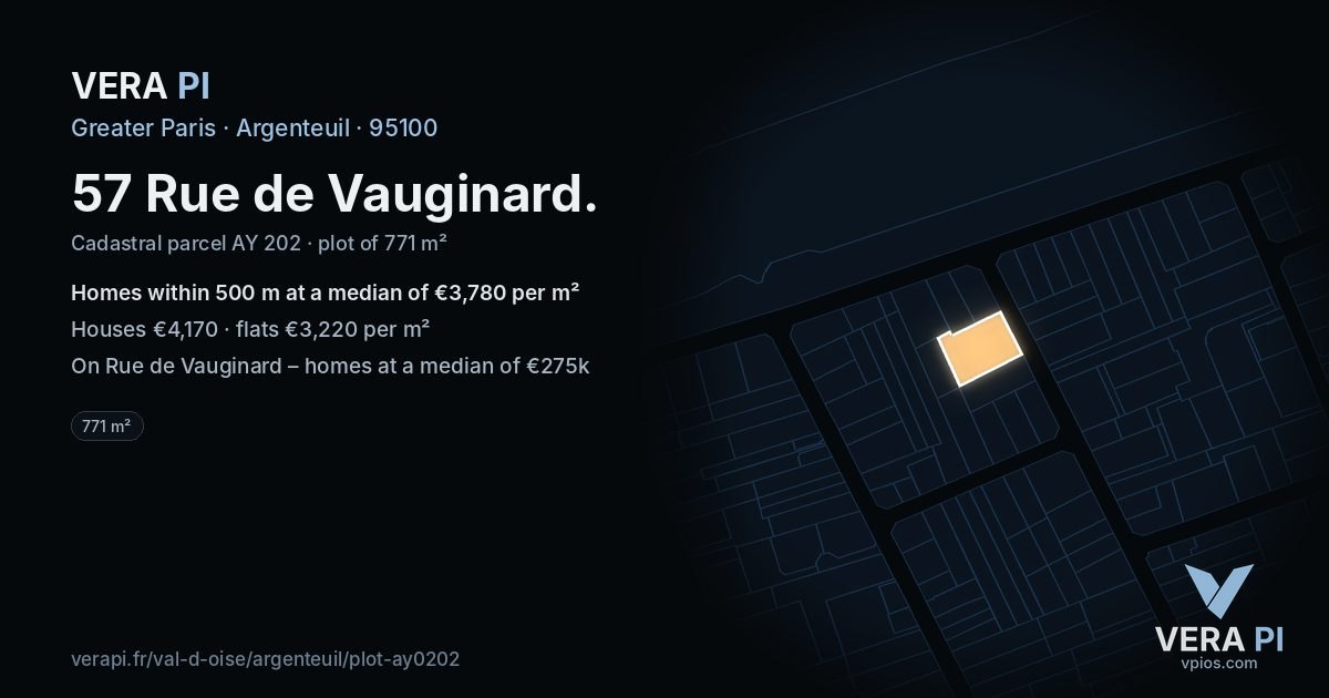 57 Rue de Vauginard, Argenteuil at night – the plot lit, the parcels around coloured by the prices near them