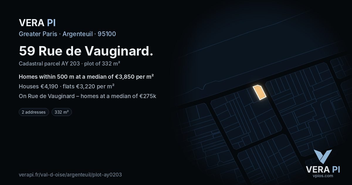 59 Rue de Vauginard, Argenteuil at night – the plot lit, the parcels around coloured by the prices near them