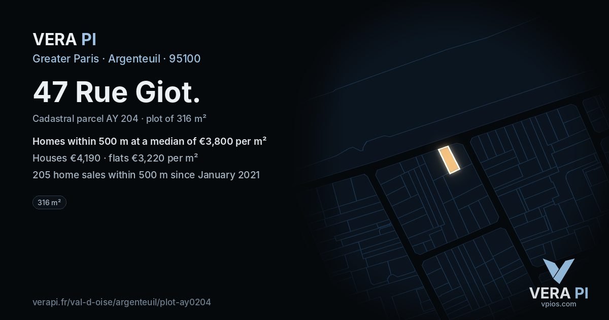 47 Rue Giot, Argenteuil at night – the plot lit, the parcels around coloured by the prices near them