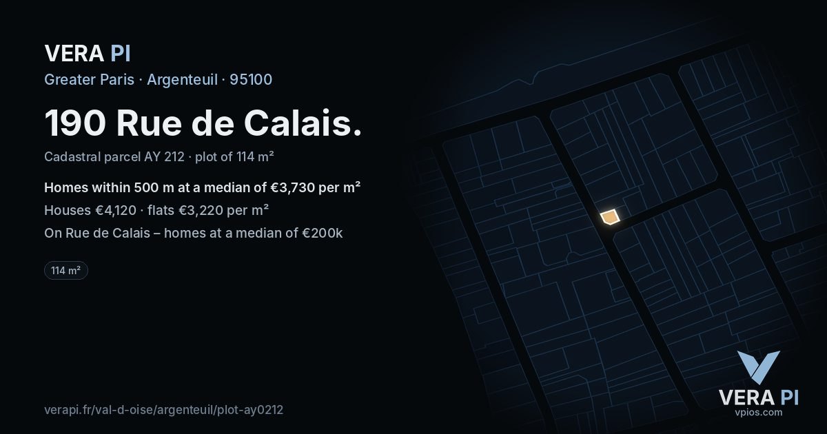 190 Rue de Calais, Argenteuil at night – the plot lit, the parcels around coloured by the prices near them