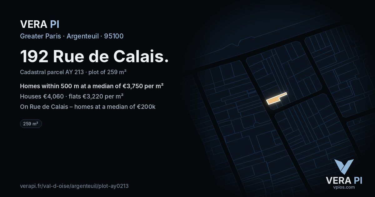 192 Rue de Calais, Argenteuil at night – the plot lit, the parcels around coloured by the prices near them