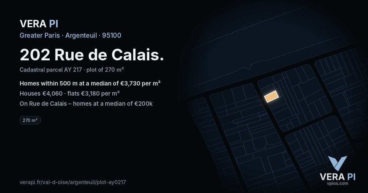 202 Rue de Calais, Argenteuil at night – the plot lit, the parcels around coloured by the prices near them